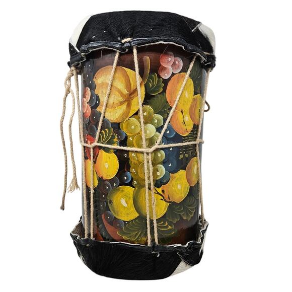 Vintage Handpainted Fruit Spotted Cowhide Calf Hair Hand Drum Folk Art Music - Picture 1 of 5